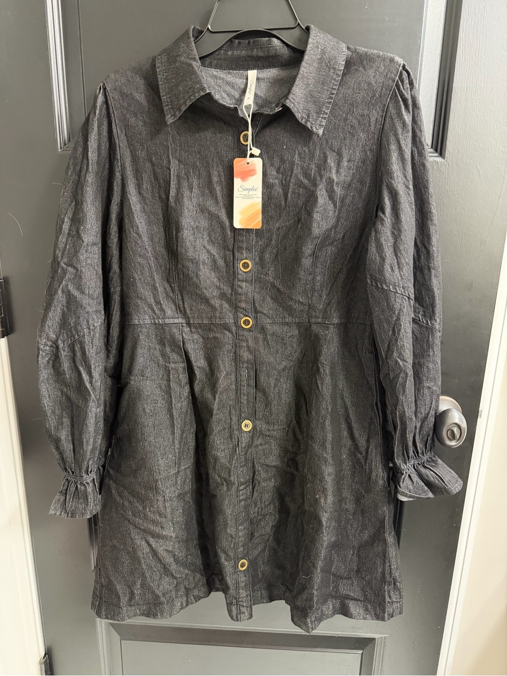 Simplee Black Denim Button Front Mini Dress Puff Sleeve Long Sleeve Size M NWT